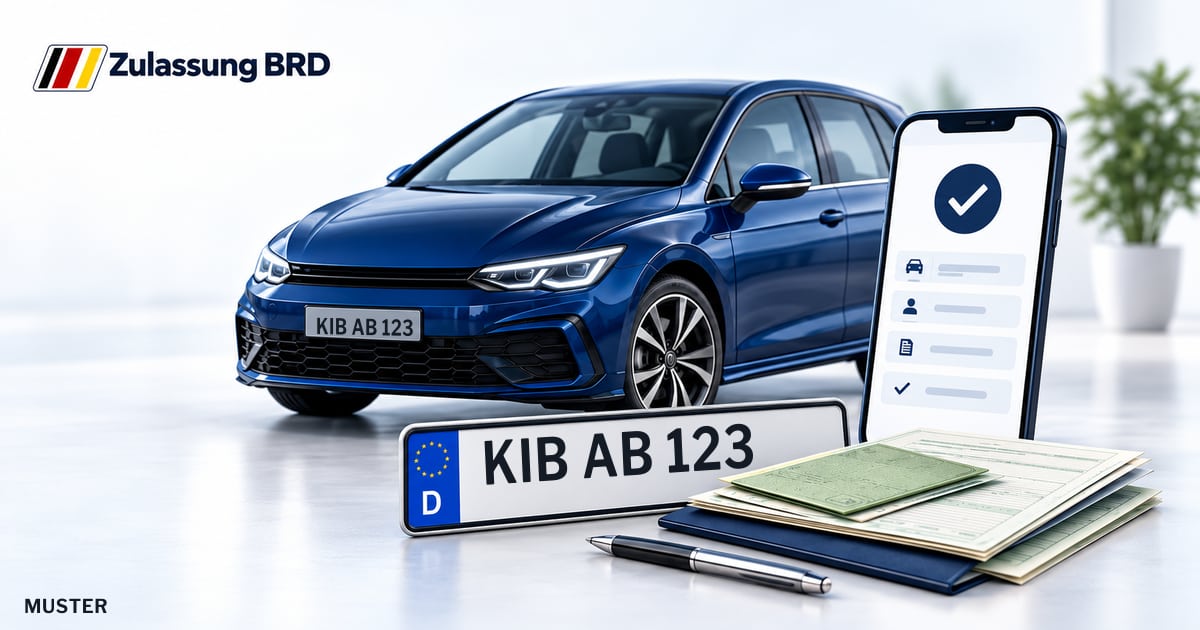 Online Fahrzeugzulassung in Rockenhausen: Musterkennzeichen KIB AB 123, Auto und Fahrzeugpapiere und Smartphone. Illustration mit Logo von Zulassung BRD.